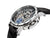 See-through skeleton dial with silver and black colors. Blue sub-dial for the seconds.