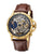 Dual time function with full see through skeleton a silver color dial and gold color case.