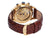 Open back case with gold mechanism and visible gears inside and a standard buckle for the band.