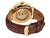 Open back case with gold color movement and standard buckle with a brown leather band.